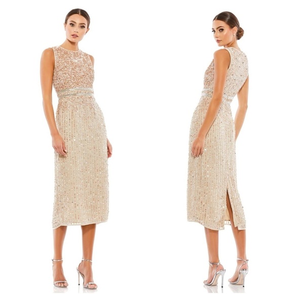 NWT Mac Duggal Nude Sequin Beaded Lace Midi Dress Sleeveless Prom Wedding Sz 8 - Picture 1 of 12